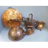 Two boxes of mixed copper; kettles, bellows, jelly mould, etc.