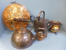 Two boxes of mixed copper; kettles, bellows, jelly mould, etc.