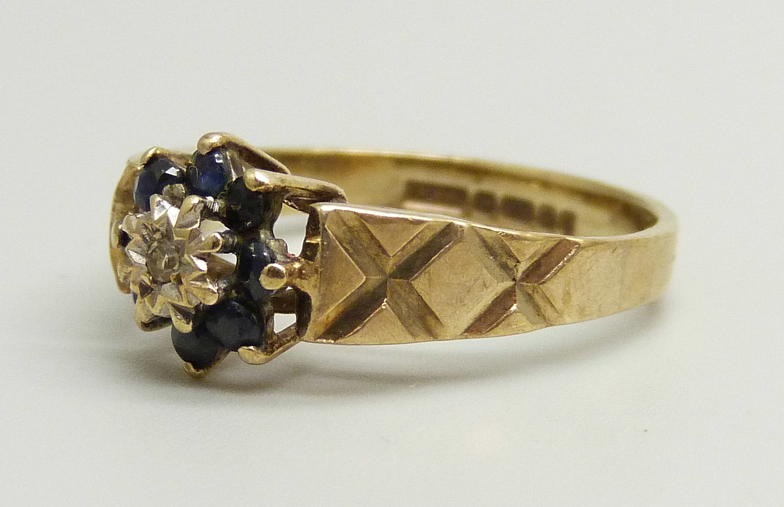 A 9ct gold, blue stone and diamond cluster ring, 2.2g, K - Image 2 of 3