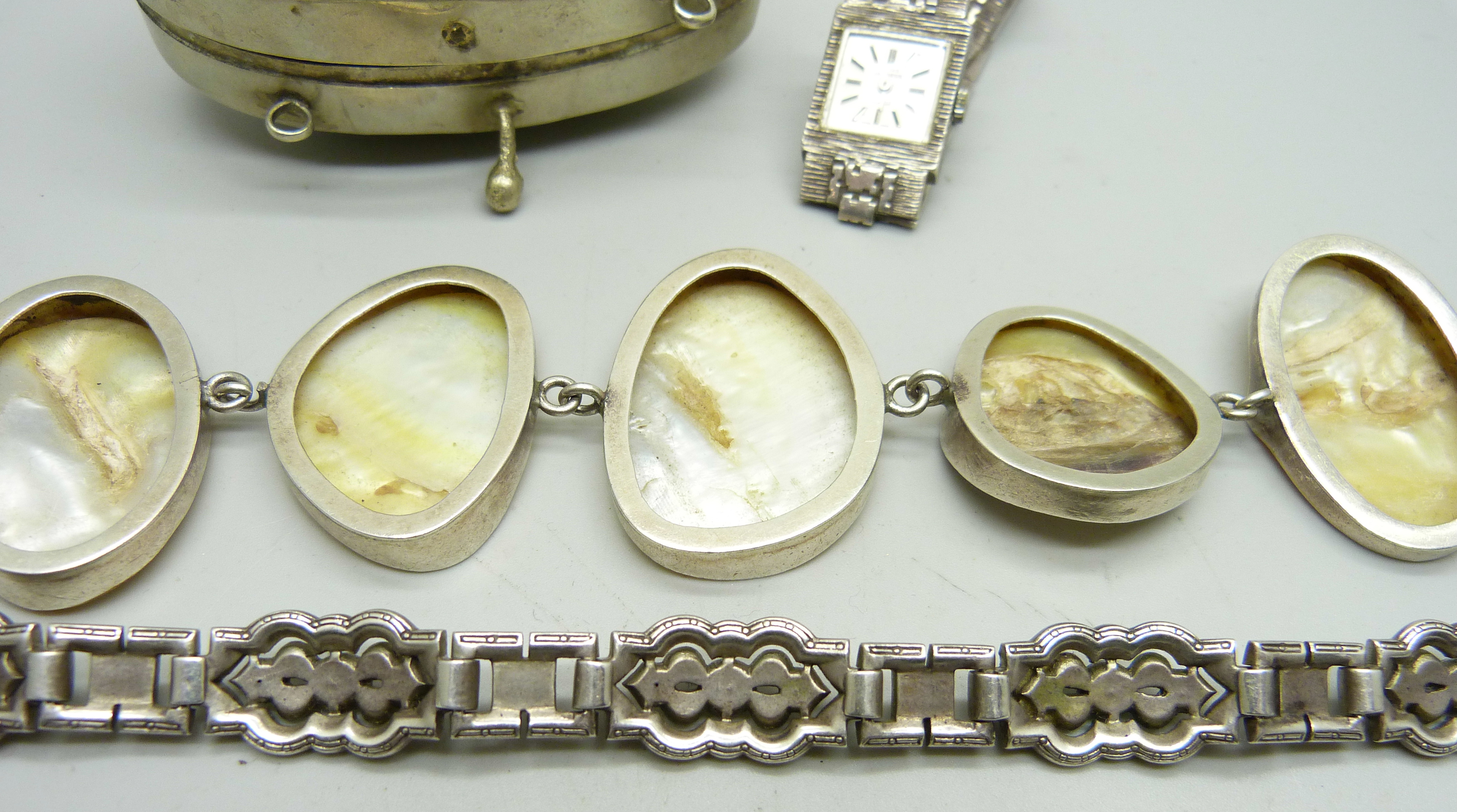 A silver and mother of pearl bracelet, a silver and paste set bracelet, a lady's silver cocktail - Image 4 of 5