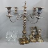 A silver plate on copper tall candelabra with two pairs of candlesticks, one a/f and a set of six