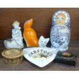 A Moorcroft Marston's Ales ashtray, a Russian doll, model of a fox, lacquered box, one other box and