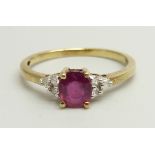 A 9ct gold, ruby and diamond ring, 1.7g, O/P