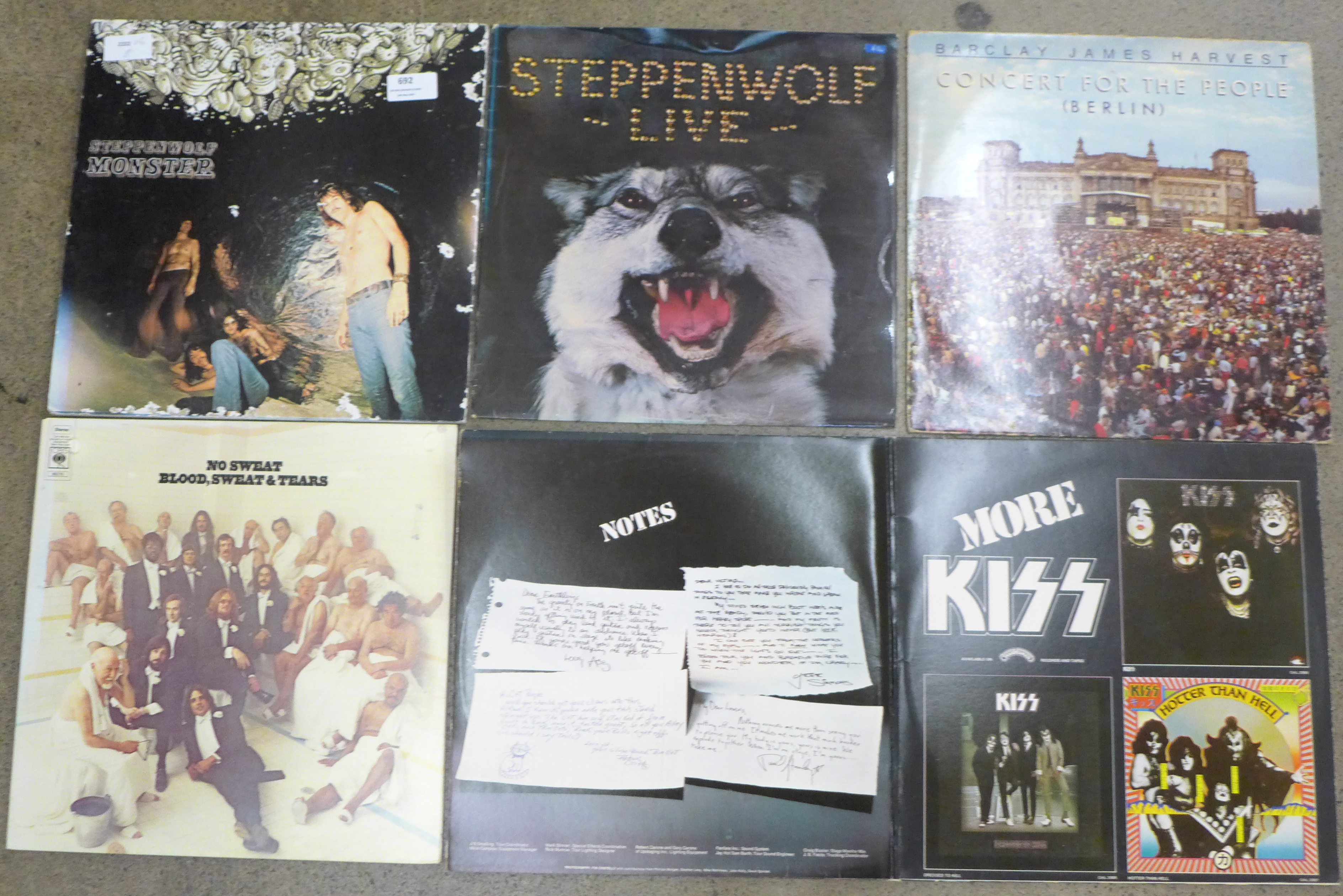 Five LP records, Steppenwolf x2, Kiss, Barclay James Harvest and Blood, Sweat and Tears