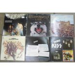 Five LP records, Steppenwolf x2, Kiss, Barclay James Harvest and Blood, Sweat and Tears