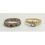 A 9ct gold ring set with a white spinel, O, and a 9ct gold and silver eternity ring (a/f lacking