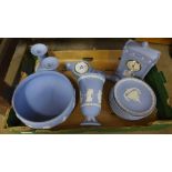 Wedgwood jasperware; mantel clock, pair of candlesticks, barometer, pedestal bowl, vase and