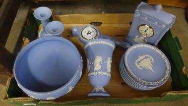 Wedgwood jasperware; mantel clock, pair of candlesticks, barometer, pedestal bowl, vase and