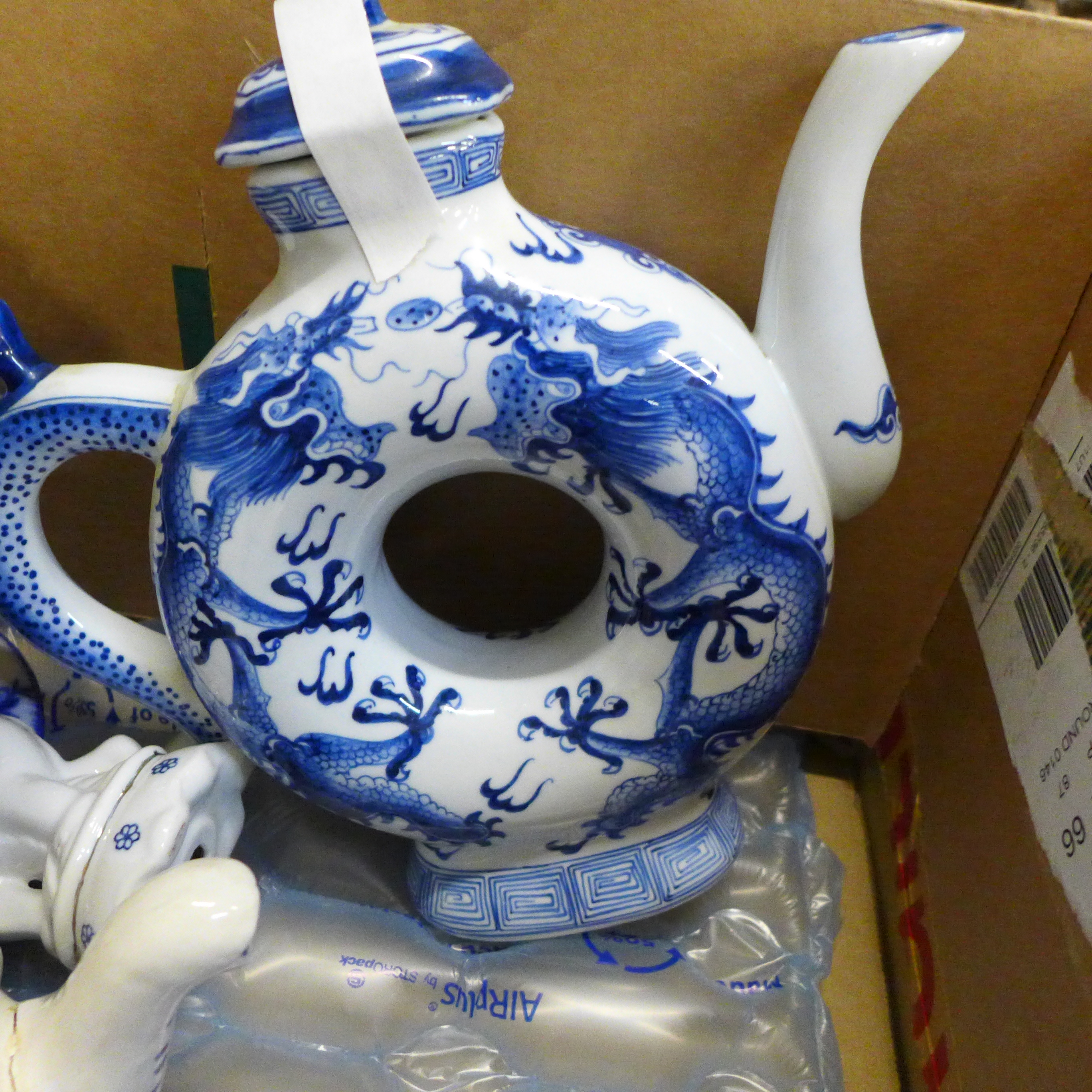 Mixed blue and white oriental style china, including a toroidal teapot with four character mark to - Image 3 of 5