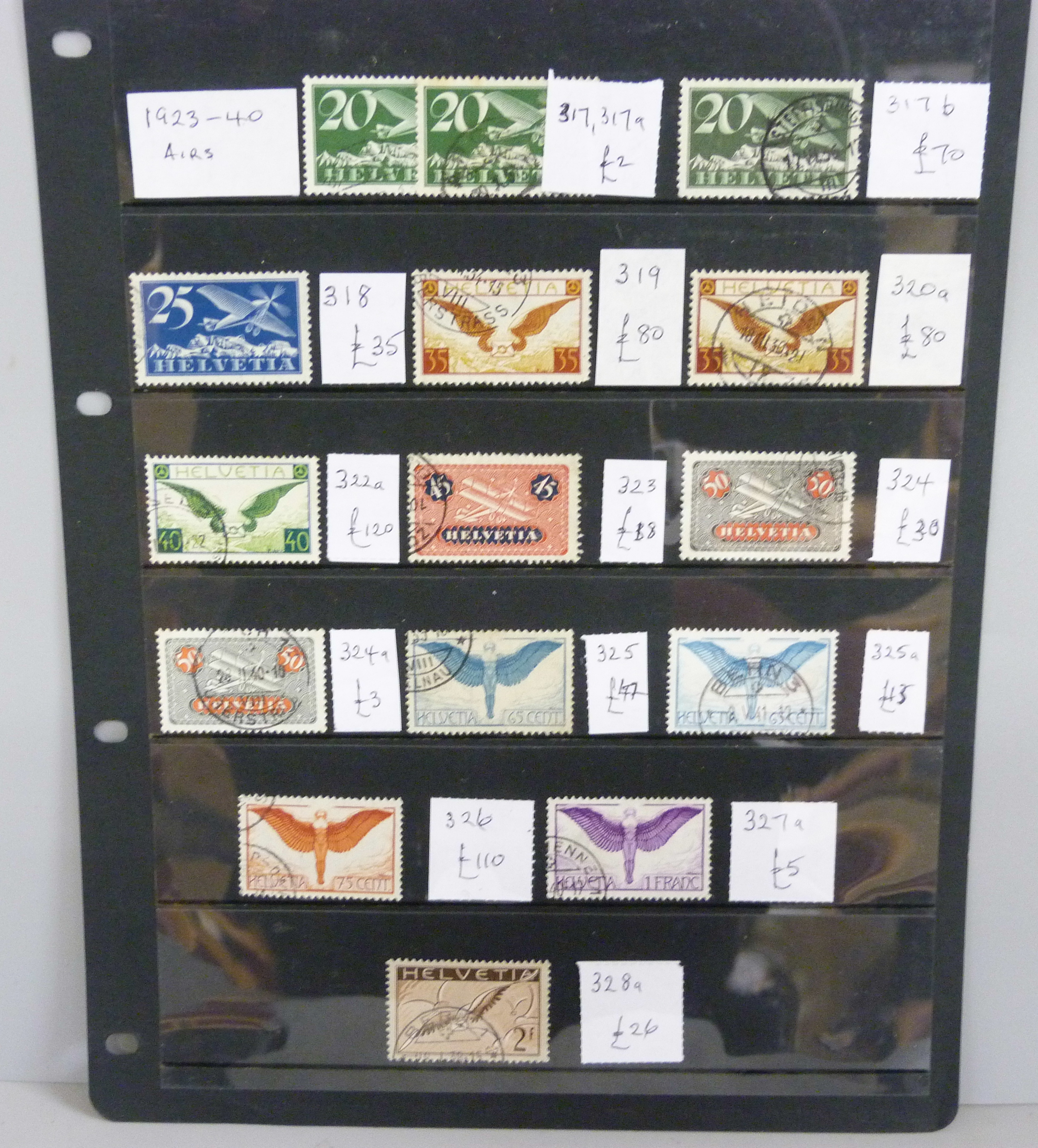 Stamps; stocksheet of stamps from the 1923-40 Swiss Air issue, all identified and catalogued at over