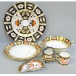 A Royal Crown Derby soup bowl and saucer, 2451 pattern side plate, pin dish, miniature mug and