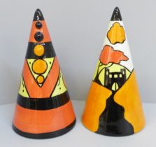 Two Lorna Bailey Old Ellgreave Pottery conical shakers, signed