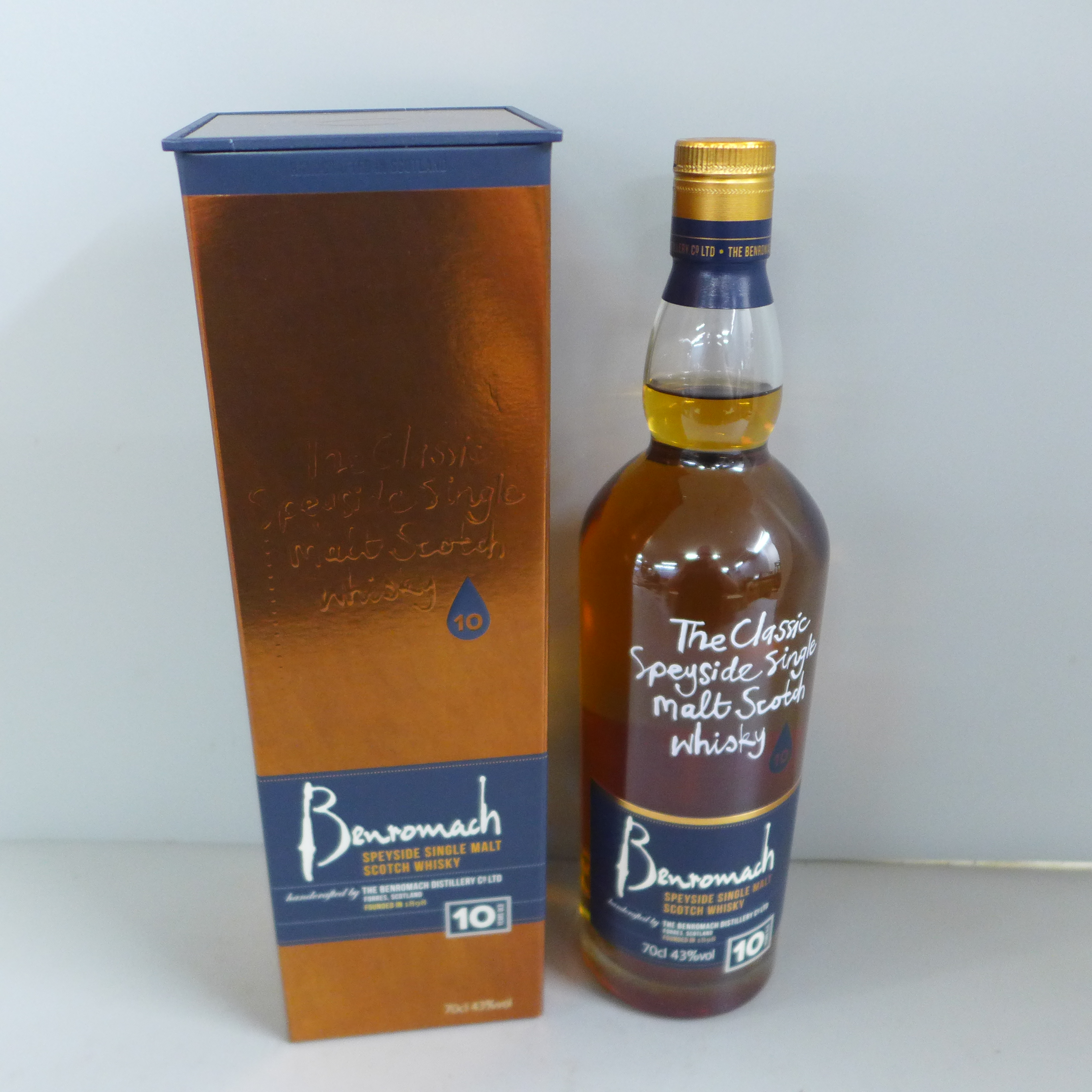 A bottle of Benromach Speyside Single Malt Scotch Whisky, 10 years old, boxed