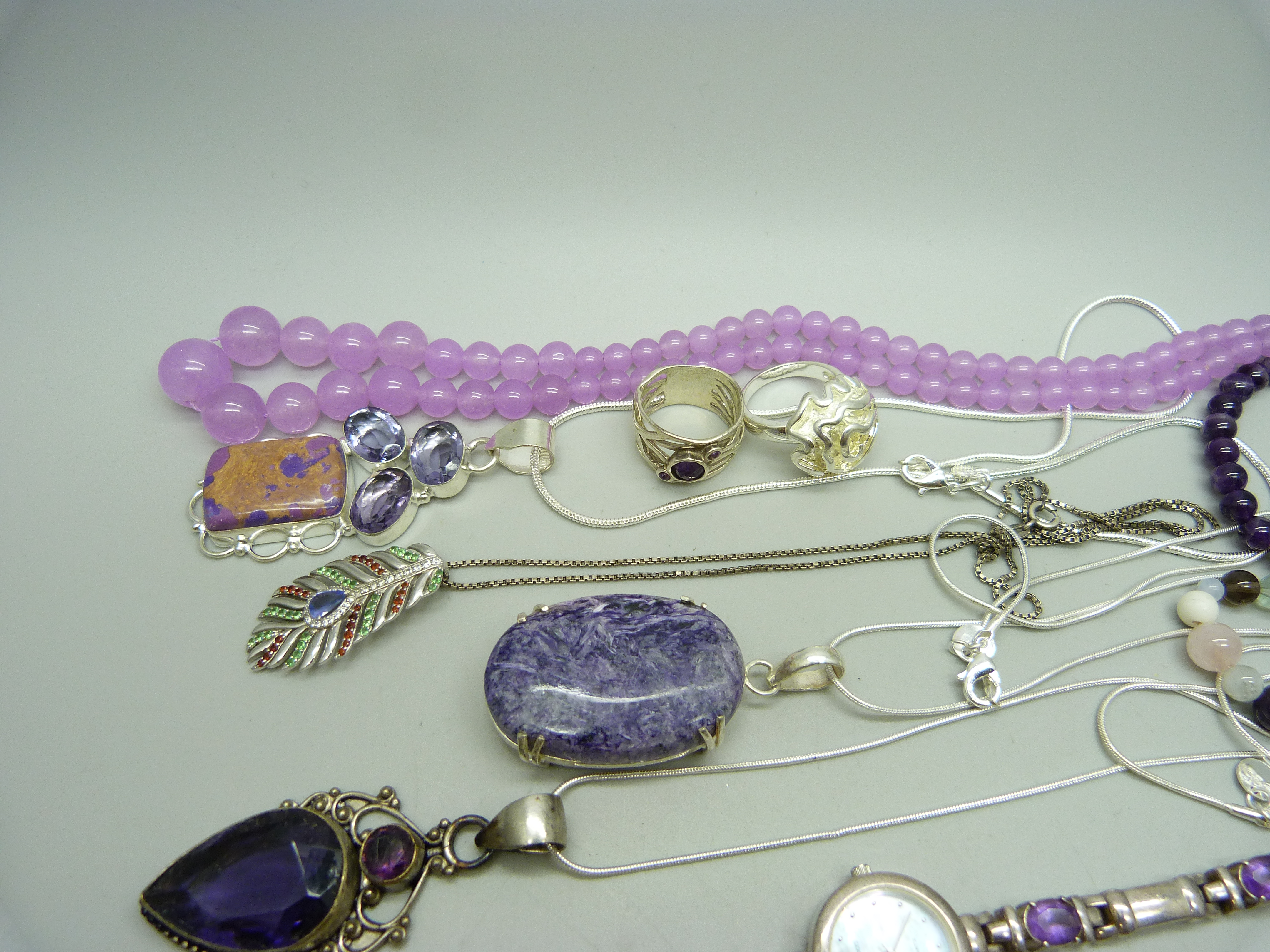 A collection of silver and white metal stone set jewellery including a silver wristwatch set with - Image 2 of 4