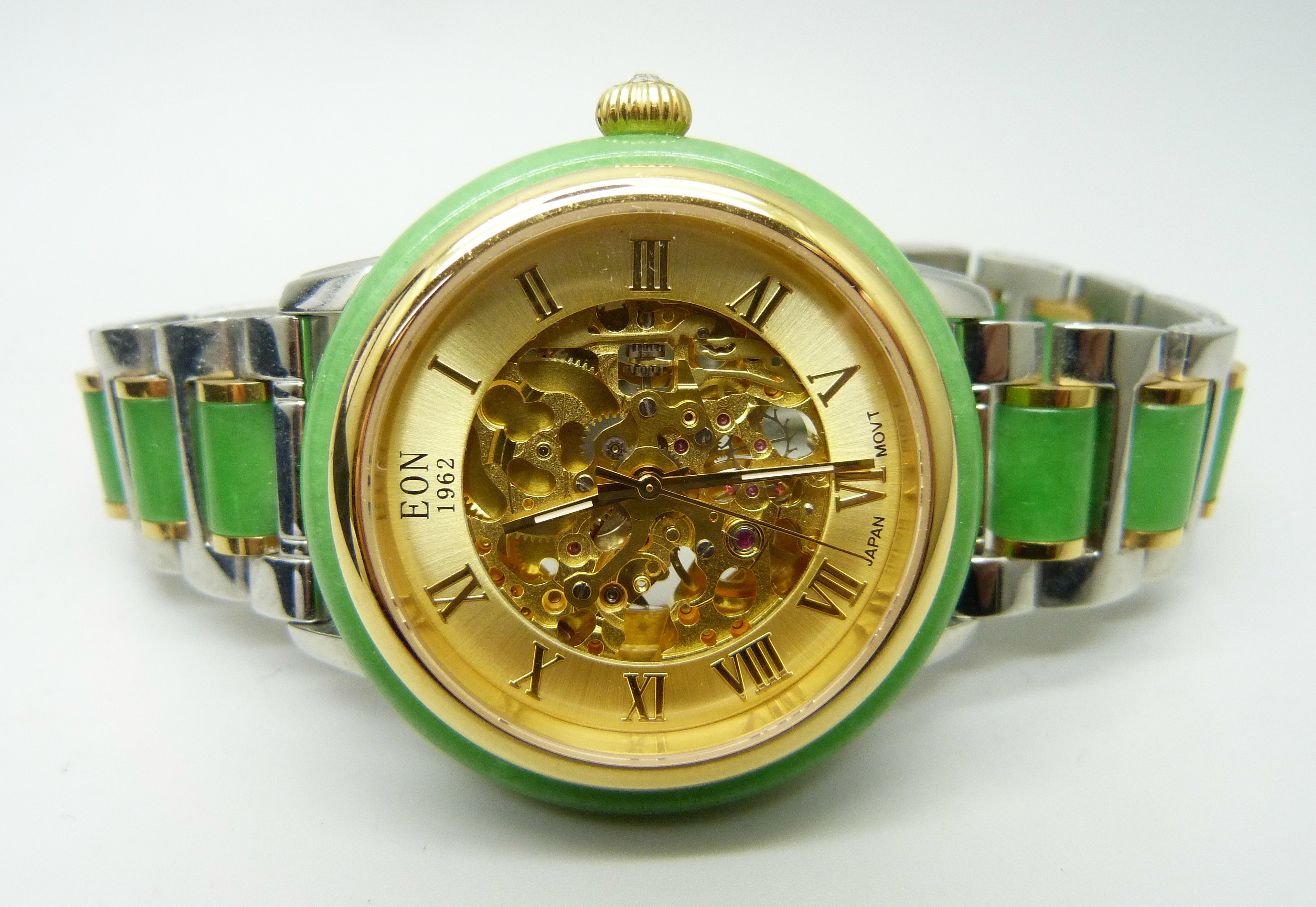 An Eon wristwatch with jade bezel and jade inset to bracelet strap, skeleton movement, 44mm - Bild 3 aus 6