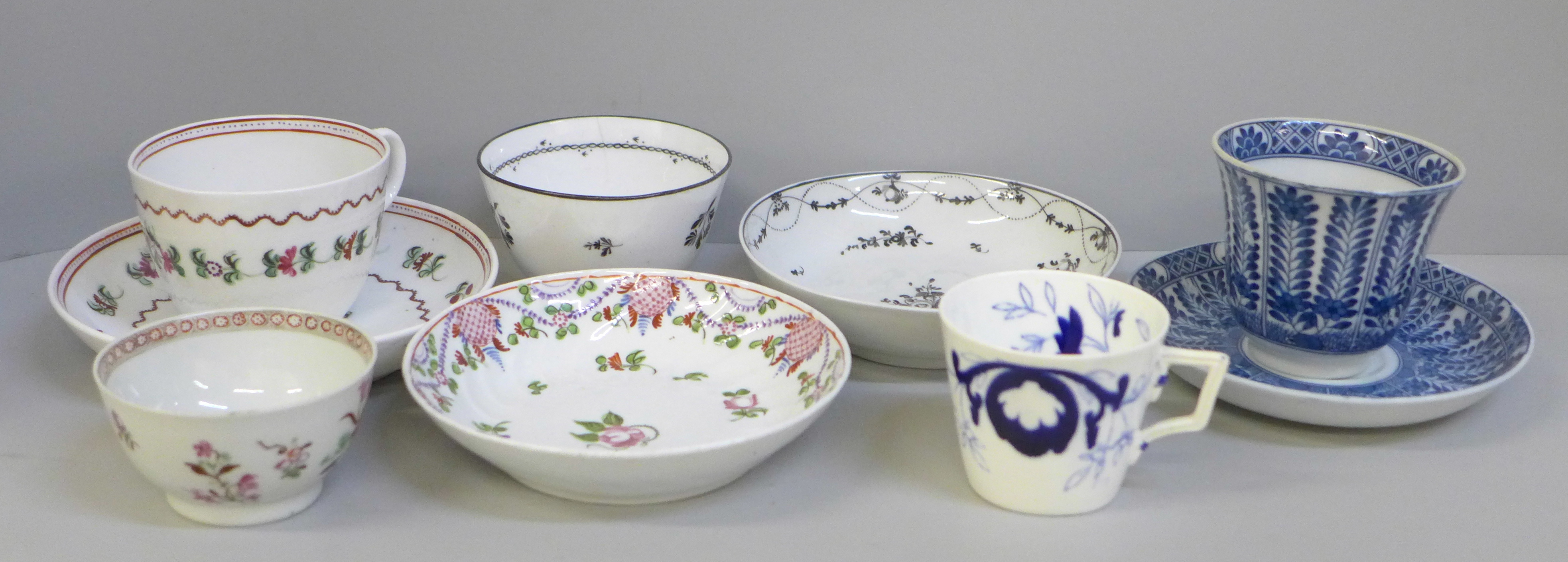 A collection of Georgian porcelain, two pieces a/f, a Chinese blue and white cup and saucer,