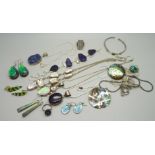 A collection of silver, white metal and silver plated jewellery set with stones and abalone