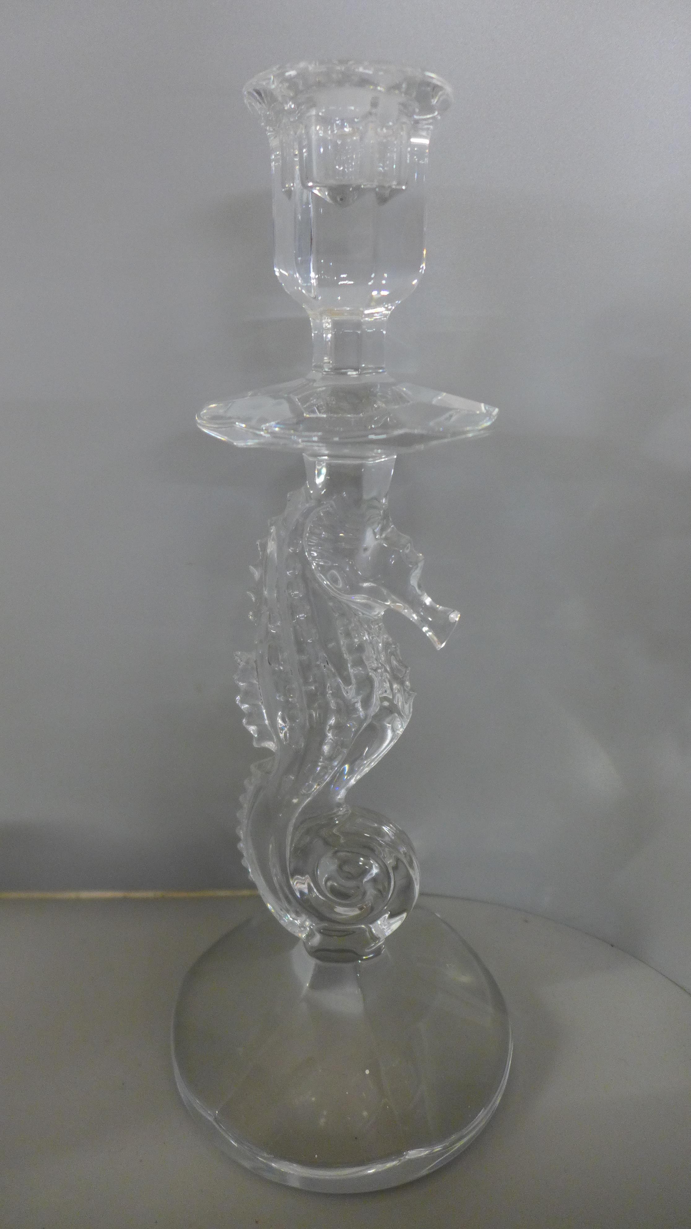 Waterford Crystal; tall candle hurricane light and stand, a pair of seahorse candlesticks, all boxed - Image 2 of 5