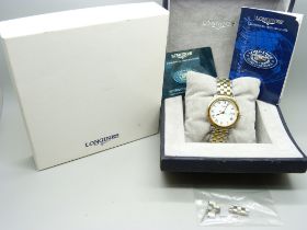 A gentleman's Longines wristwatch, boxed with paperwork and spare links, 38mm including crown