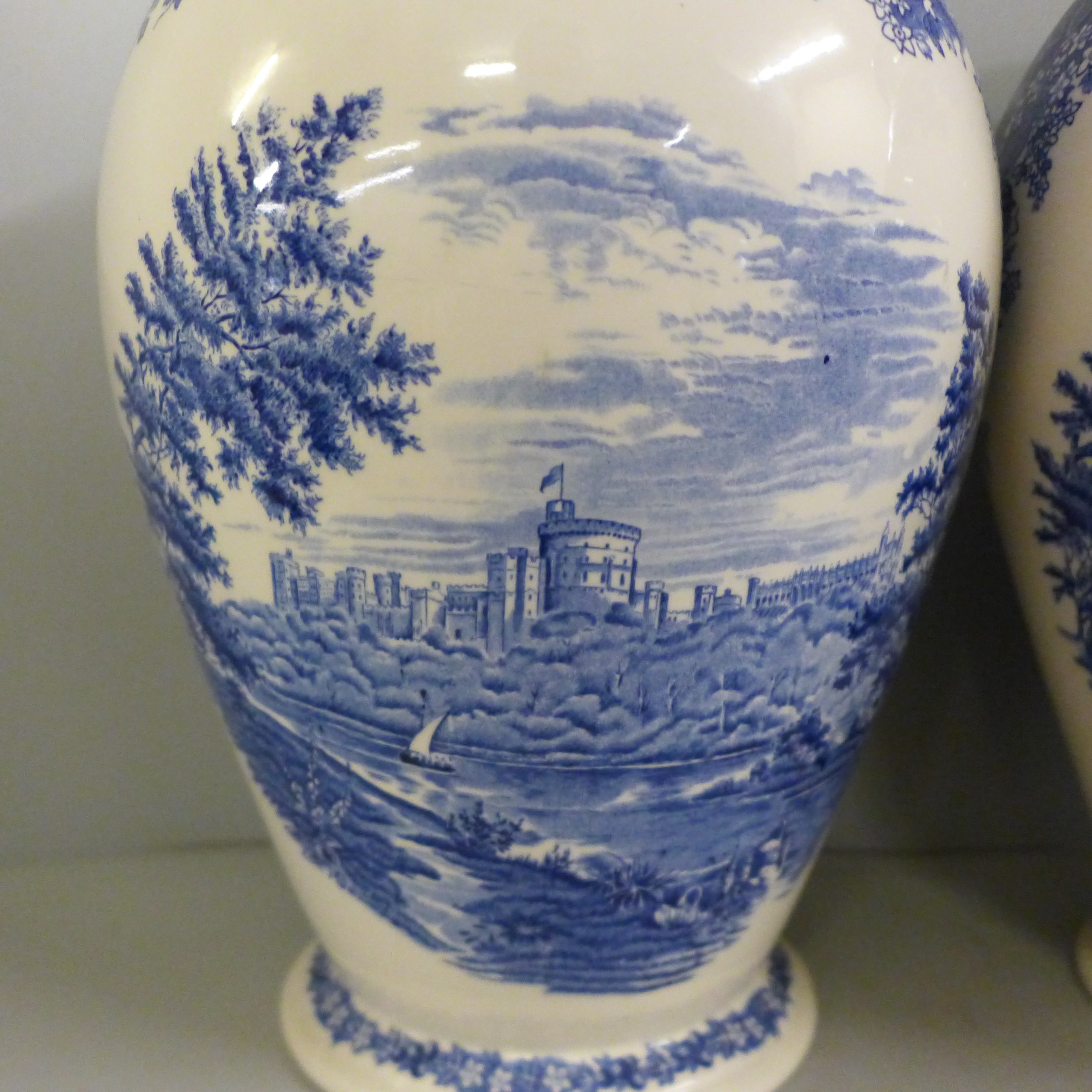 A pair of Wedgwood Windsor Castle blue and white vases, 32cm - Image 2 of 6