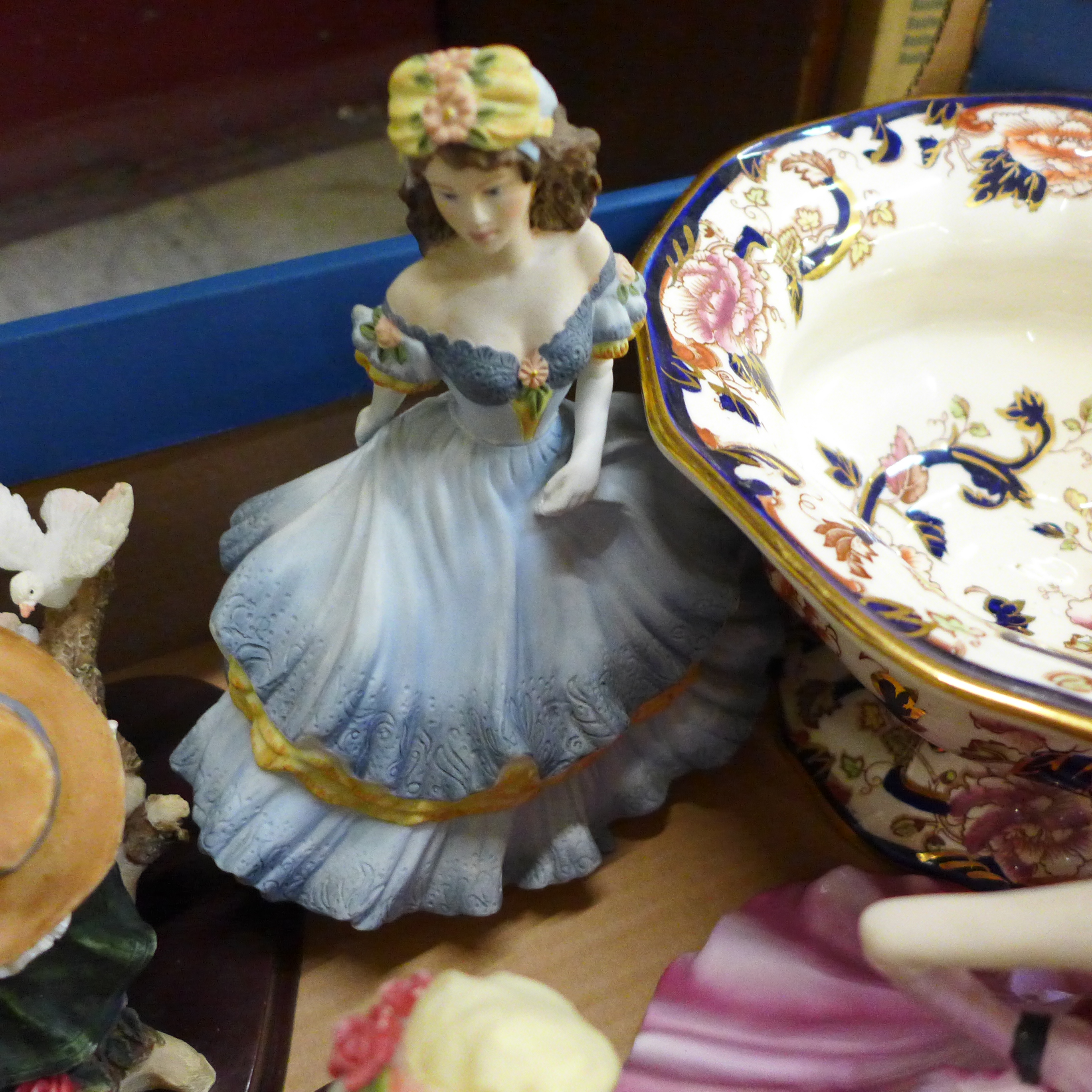 Two Coalport figures, four resin figures, collectors plates and four items of Mason's Mandalay - - Image 4 of 6
