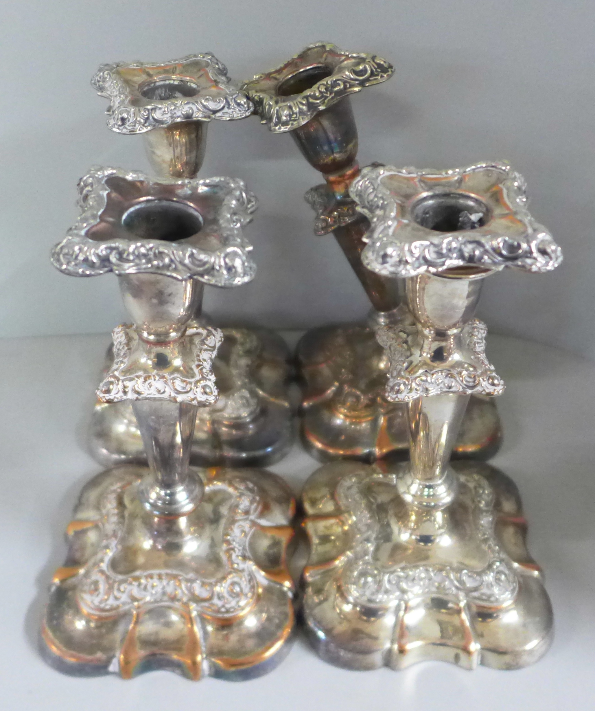 A silver plate on copper tall candelabra with two pairs of candlesticks, one a/f and a set of six - Image 5 of 11