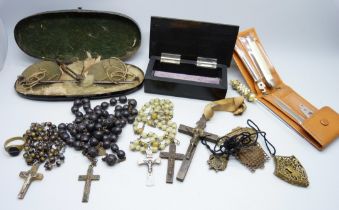 A wooden box, a collection of rosary beads including one with .800 silver cross and other items