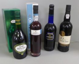 A bottle of Harveys Bristol Cream, two bottles of Port, Ten Year Old Tawny and Ten Year Warre's