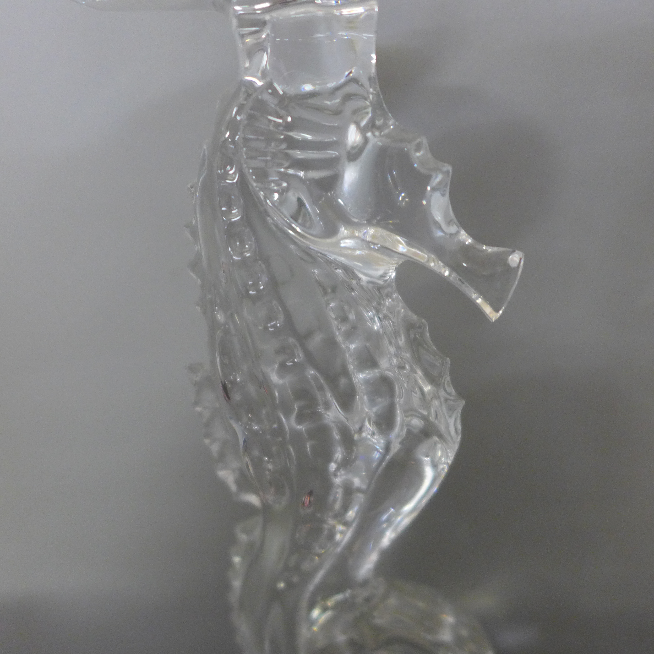 Waterford Crystal; tall candle hurricane light and stand, a pair of seahorse candlesticks, all boxed - Image 3 of 5