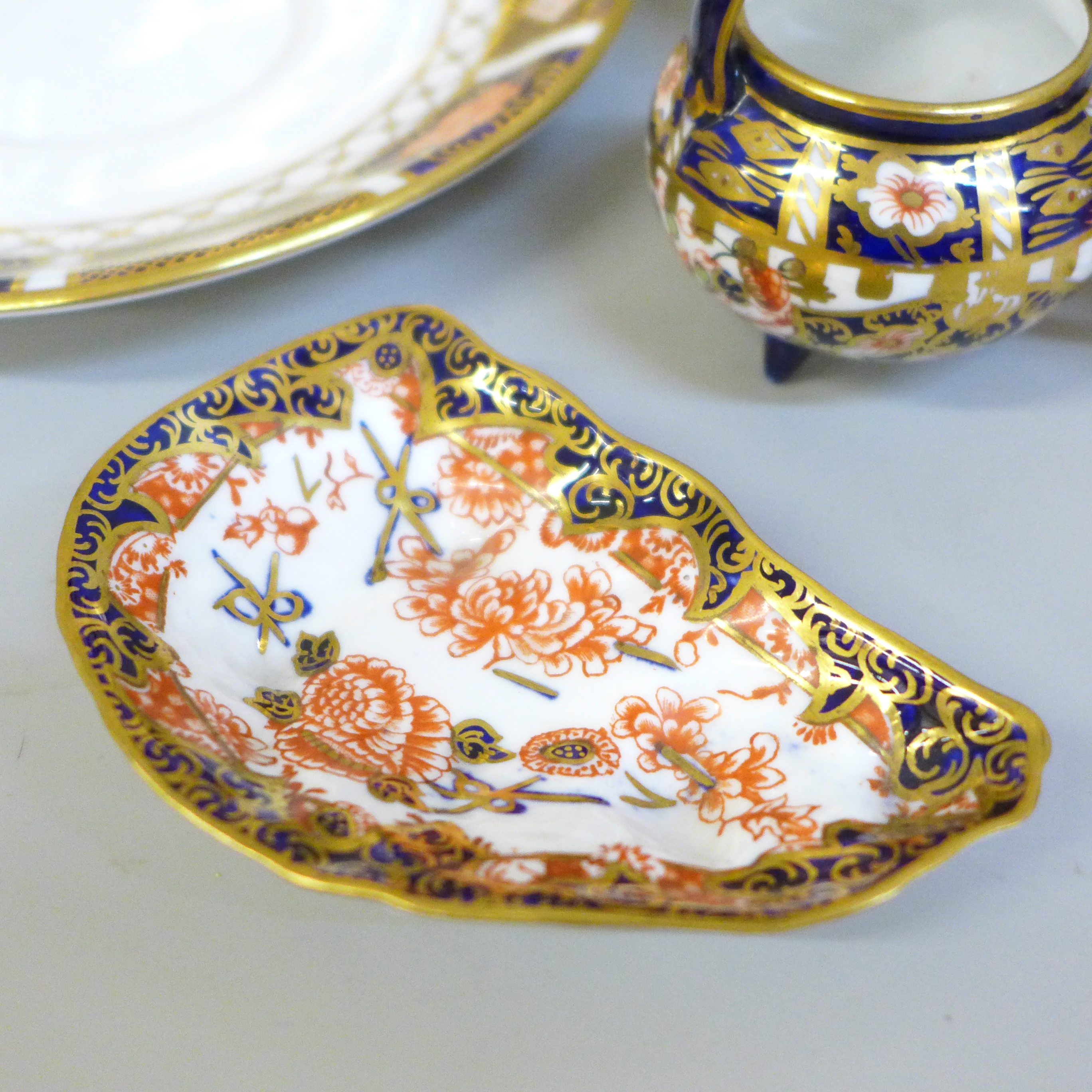 A Royal Crown Derby soup bowl and saucer, 2451 pattern side plate, pin dish, miniature mug and - Image 3 of 7