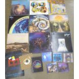 A collection of eleven Moody Blues LP records, a 12" single, 7" single, CDs, DVD and tour programme