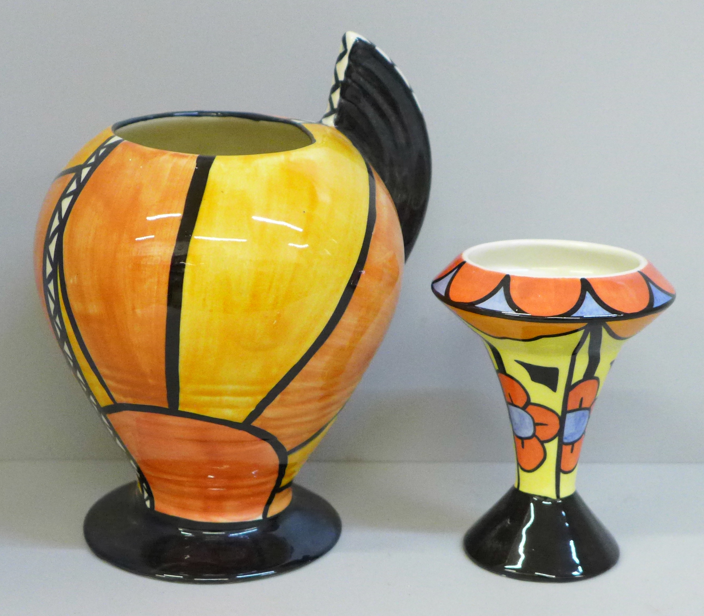 Two Lorna Bailey Art Deco style vases, signed, tallest 16cm