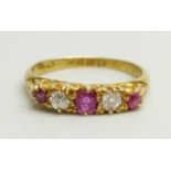 An 18ct gold, ruby and diamond ring, London 1915, 2.5g, K/L