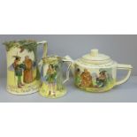 Two Royal Doulton Robin Hood Series Ware jugs, one jug with hairline crack and a teapot