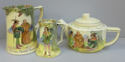 Two Royal Doulton Robin Hood Series Ware jugs, one jug with hairline crack and a teapot