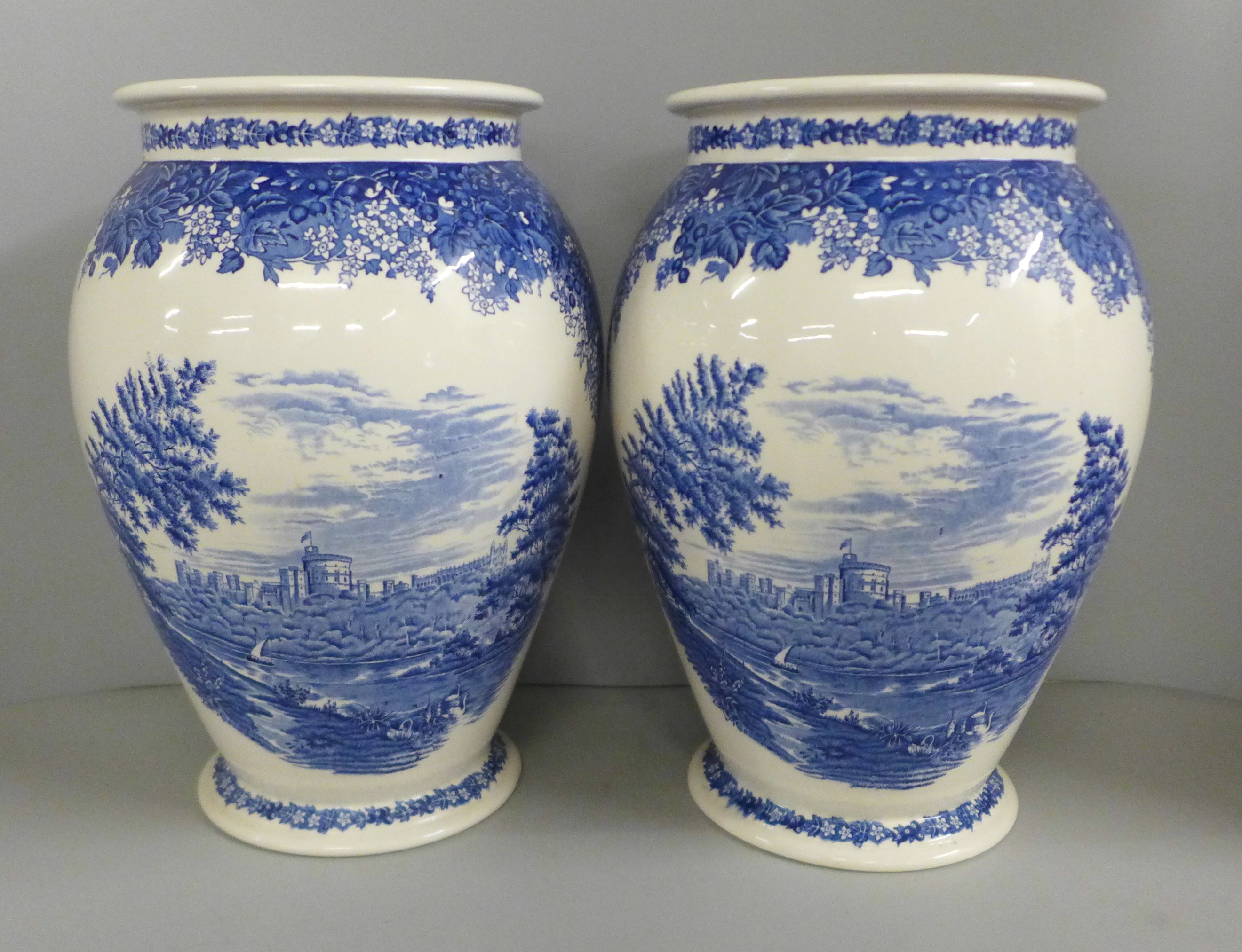 A pair of Wedgwood Windsor Castle blue and white vases, 32cm
