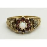 A 9ct gold, garnet and opal cluster ring, 3.2g, R