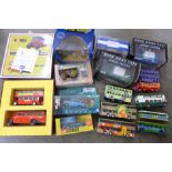 A collection of die-cast buses and vehicles including Corgi, some boxed