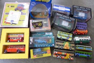 A collection of die-cast buses and vehicles including Corgi, some boxed