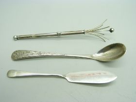 A silver swizzle stick, a silver spoon and a silver butter knife, 26g