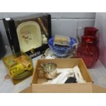 Two cranberry glass jugs, Myott dish, Guinness Ultimate Pie set, plated vase, etc. **PLEASE NOTE