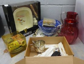 Two cranberry glass jugs, Myott dish, Guinness Ultimate Pie set, plated vase, etc. **PLEASE NOTE