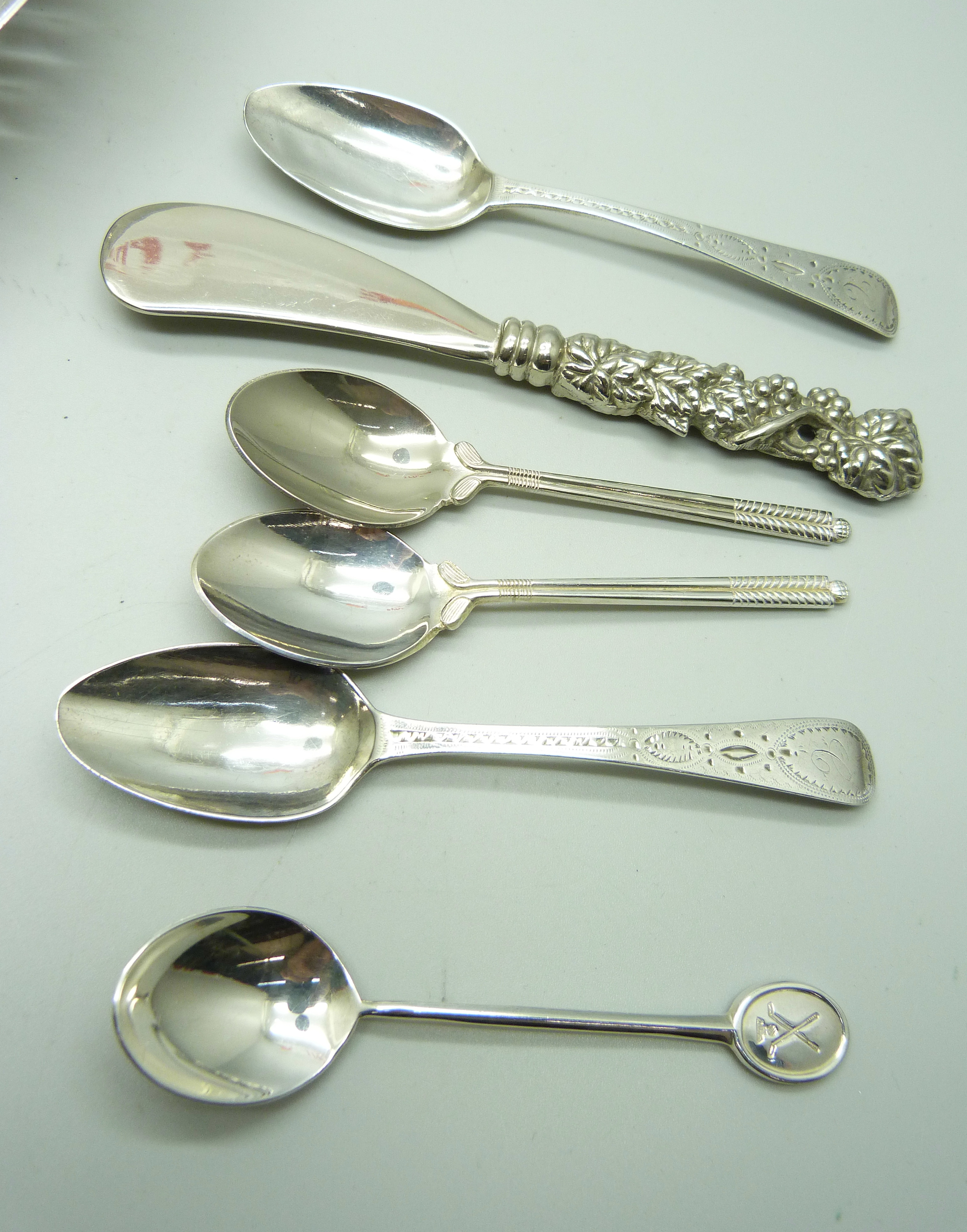Three silver spoons, 37g, together with a collection of silver plated items including a mother of - Image 9 of 10