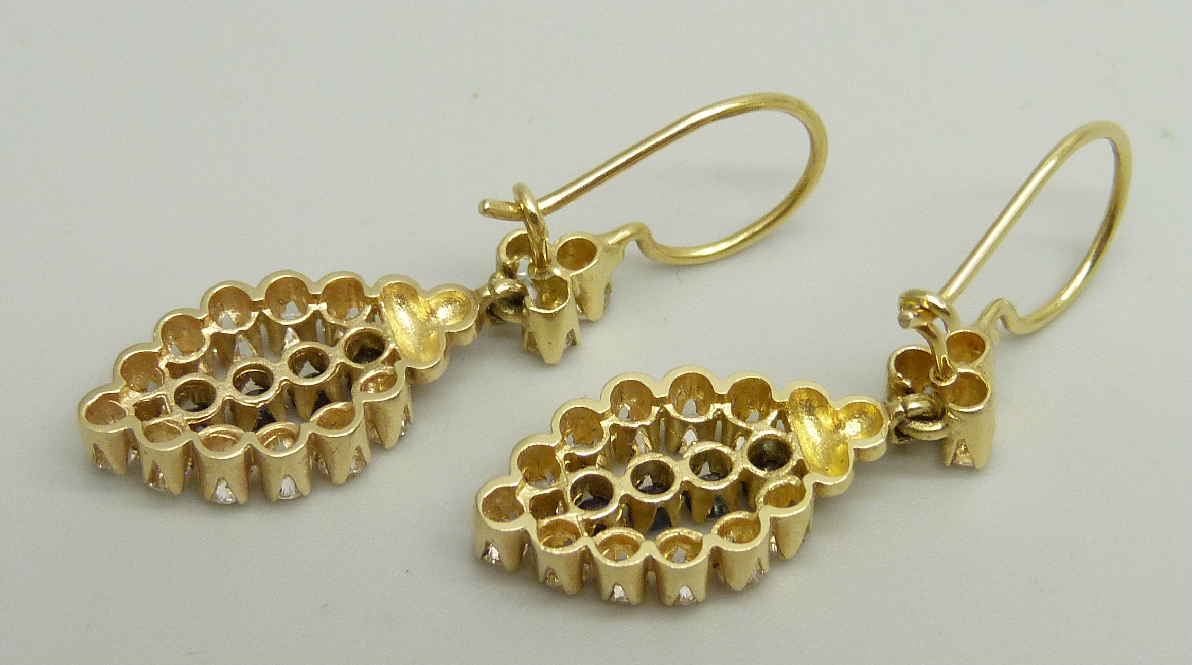 A pair of yellow metal drop earrings set with white and dark blue stones, approximately 3.6cm drop - Image 4 of 4