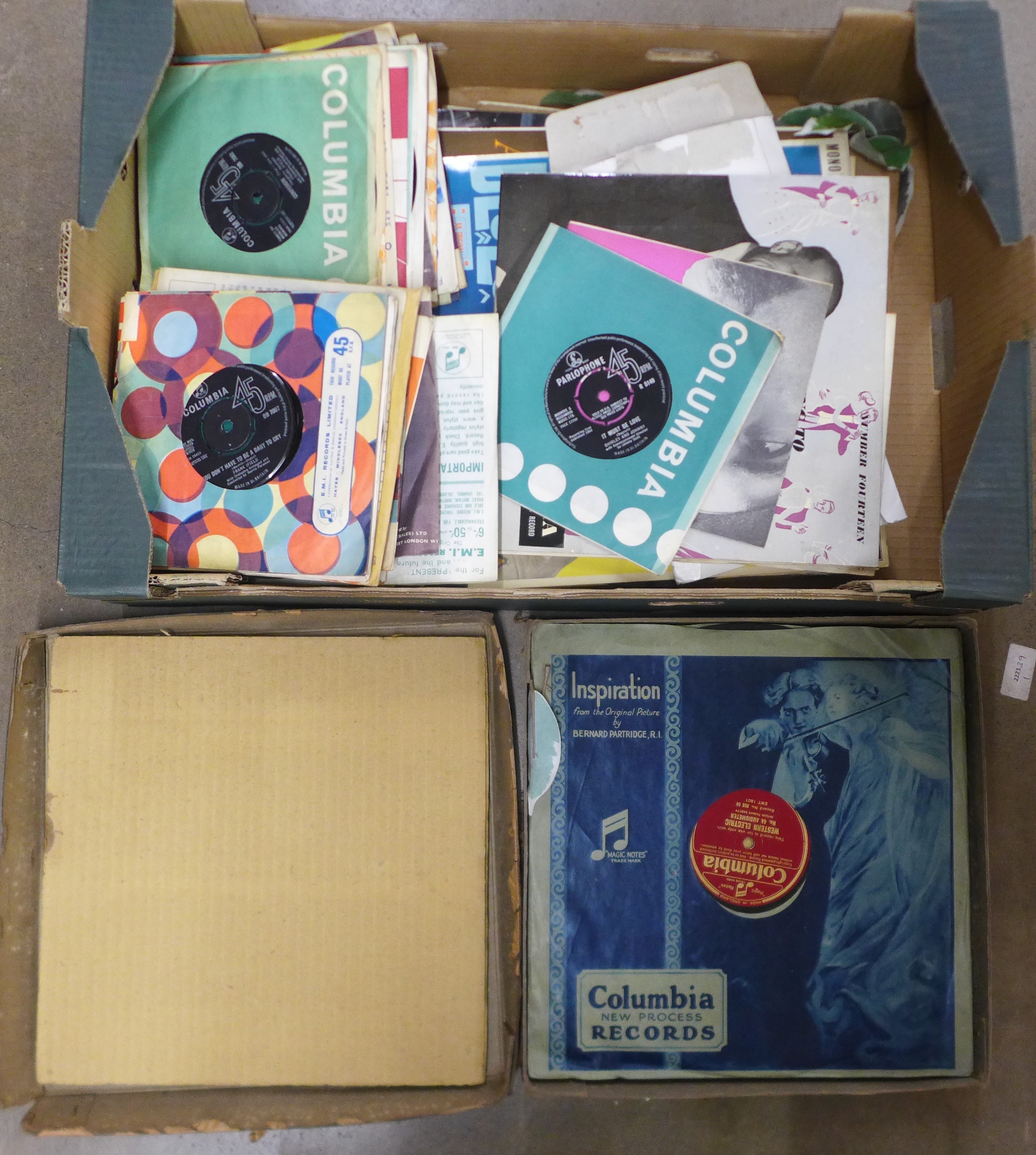 A box of 1960s 7" singles, LPs and 78 RPM records **PLEASE NOTE THIS LOT IS NOT ELIGIBLE FOR IN-