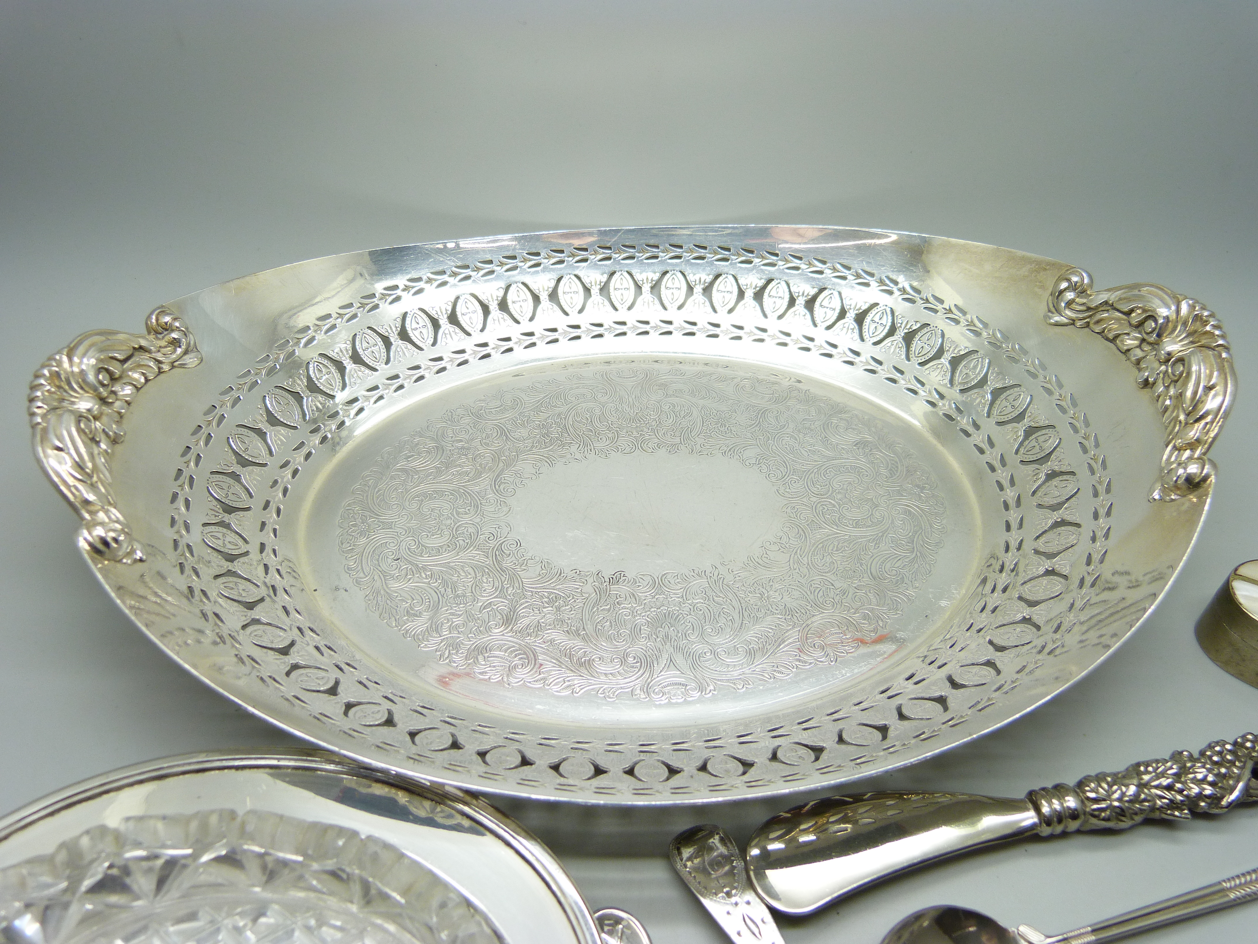 Three silver spoons, 37g, together with a collection of silver plated items including a mother of - Image 2 of 10