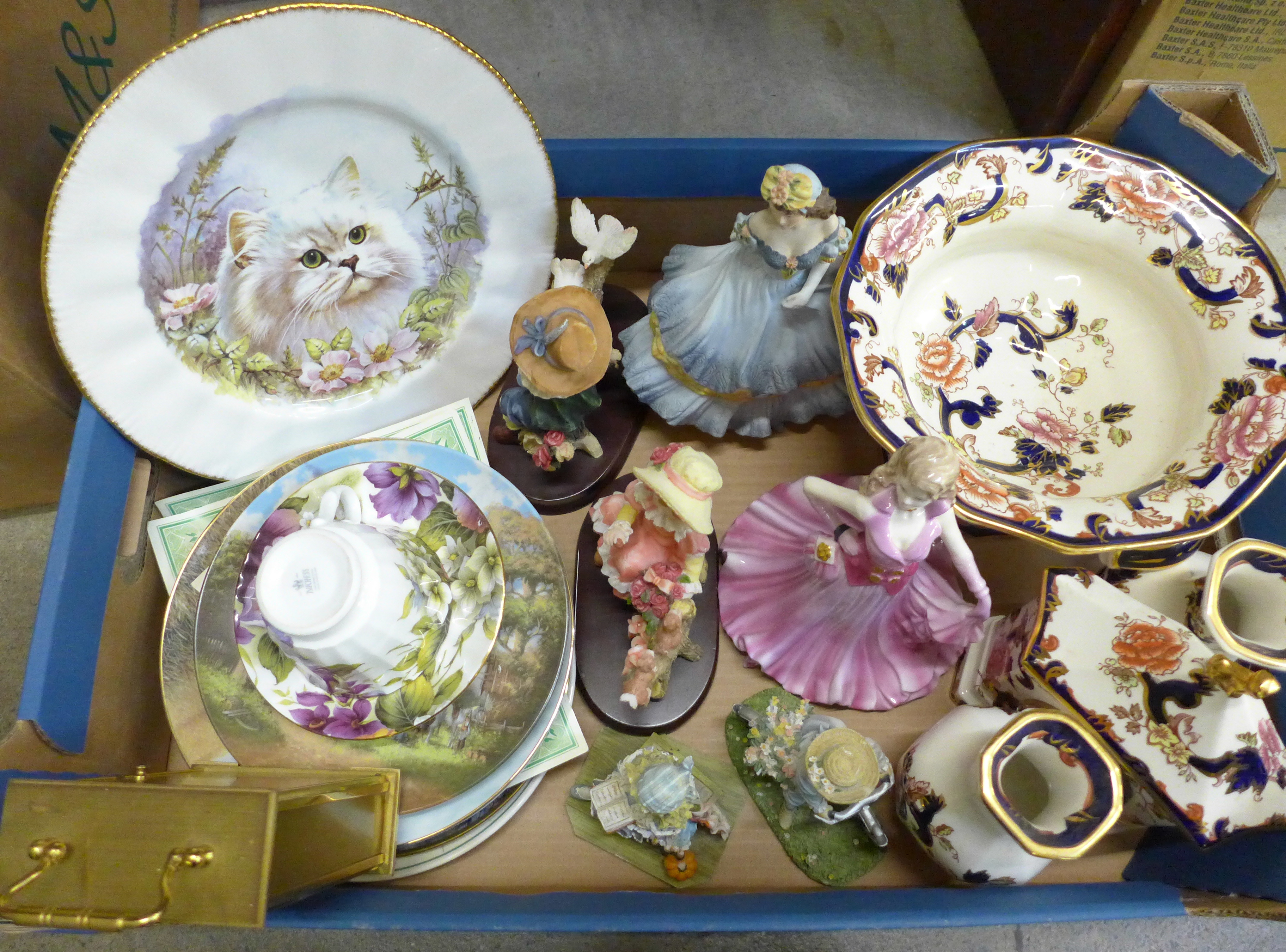 Two Coalport figures, four resin figures, collectors plates and four items of Mason's Mandalay -