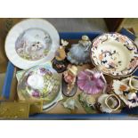 Two Coalport figures, four resin figures, collectors plates and four items of Mason's Mandalay -