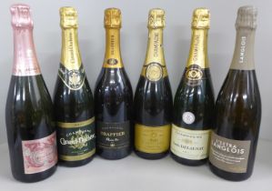 Six bottles of assorted champagnes, Drappier, Oeil de Perdrix, Louis Delaunay, Andre Carpentier,
