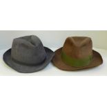 Two gentleman's fedora hats; Bates, St. James' London and Scott & Co. Piccadilly